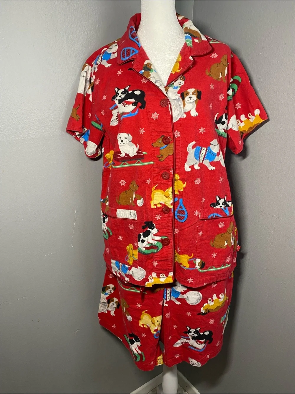 Vintage - Nick & Nora Red Short Sleeve Snow Puppy Pajama Set